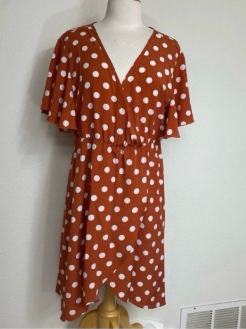 3/$25 Shein Womens Pumpkin White Polka Dot Faux Wrap Dress 2X Cottagecore Girly